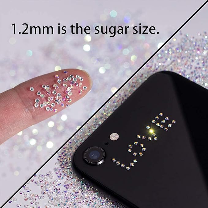 10000Pcs Tiny Rhinestones 1.2mm Clear AB Flatback Glass Pixie Crystals, Iridescent Gems Long Lasting Shine Small Sugar Beads Dust Charms for Nail Design DIY Crafts Accessories
