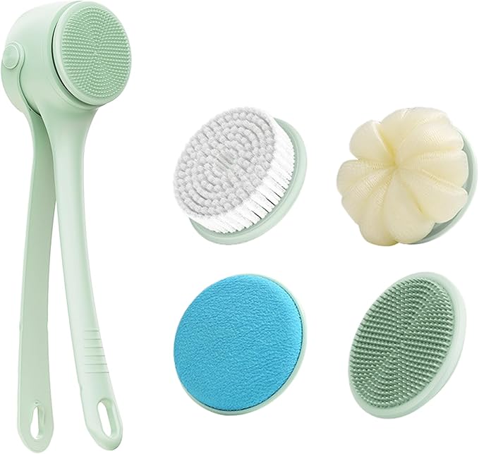 Electric Body Brush Back Scrubber for Shower Rechargeable, Exfoliating Bath Brush Waterproof Long Dual Handle Power Body Scrubber with 4 Heads, 2 Speeds, for Cleansing Massaging Skin