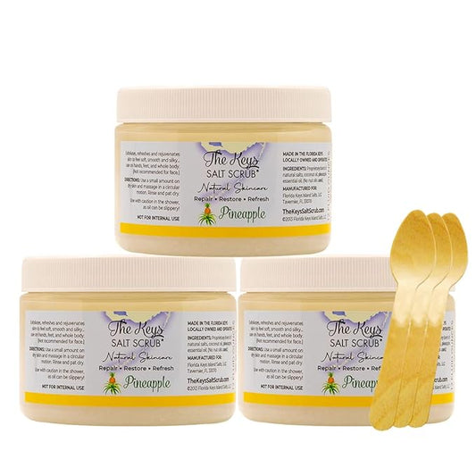 The Keys Sea Salt Exfoliating Body Scrub With Wooden Spoon - Foot and Hand Scrub for Men, Women - Made With Pure Florida Sea Salt (Pineapple, 3 Bulk Pack 12 oz)