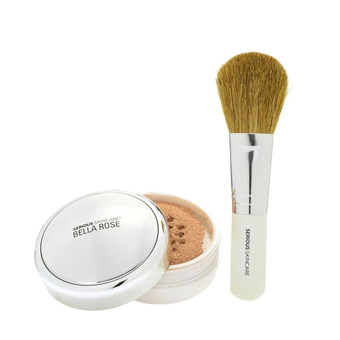 Serious Skincare BELLA ROSE PRO-MINERALS Loose Mineral Powder Makeup Foundation SPF 15 + Goat Hair Application Brush - Sheer to Full Coverage - Luminous Matte Finish - Men and Women - .50 oz   (Light)