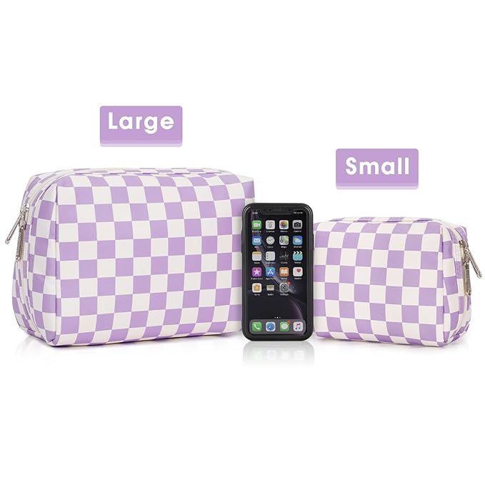 Narwey Checkered Makeup Bag Travel Cosmetic Bag Organizer Toiletry Bag Make Up Bags with Compartments for Women Girls (Large, Purple Checkerboard)