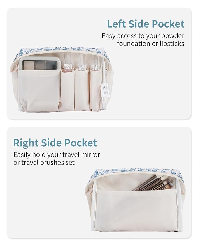 Narwey Small Cute Floral Makeup Bag for Purse Mini Cosmetic Bag Travel Makeup Pouch Zipper Pouch Cute Make up Bags with Compartments for Women Girls (Little Blue Flower, Small)