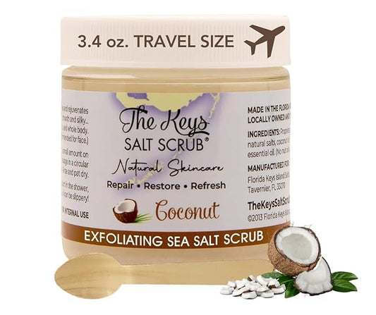 The Keys Salt Scrub - Coconut Sea Salt Scrub - Exfoliating Body Scrub Skincare with Wooden Spoon for Men & Women-Natural Moisturizing Exfoliator for Face, Hands, Foot, Bath, & Bikini Area (3.4oz)