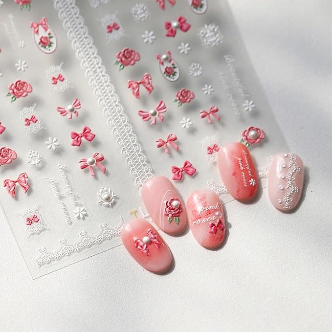 1 Sheets Embossed Pink Bow Nail Stickers for Nail Art 5D Self Adhesive Flower Nail Art Stickers with Pearl Design Pink Bows Floral Nail Decals White Small Flowers for Women DIY Manicure Decor