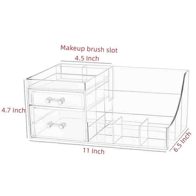 Cq acrylic 1 Pack Clear Skincare Organizer for Vanity,Stackable 2 Drawers Make Up Organizer,Cute Cosmetic Organizer for Vanity Jewelry,Hair Clip,Beauty,Skincare Product Dresser Acrylic Desk Organizer