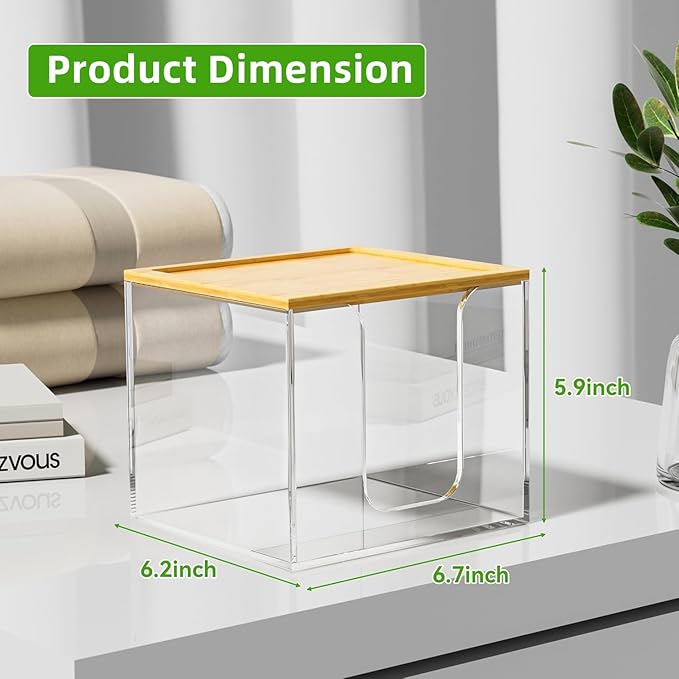 VITVITI Disposable Face Towel Holder Box, Acrylic Facial Container for XL Clean Skin Club, Large Storage With Bamboo Lid, for Bathroom, Vanity Makeup, Clear
