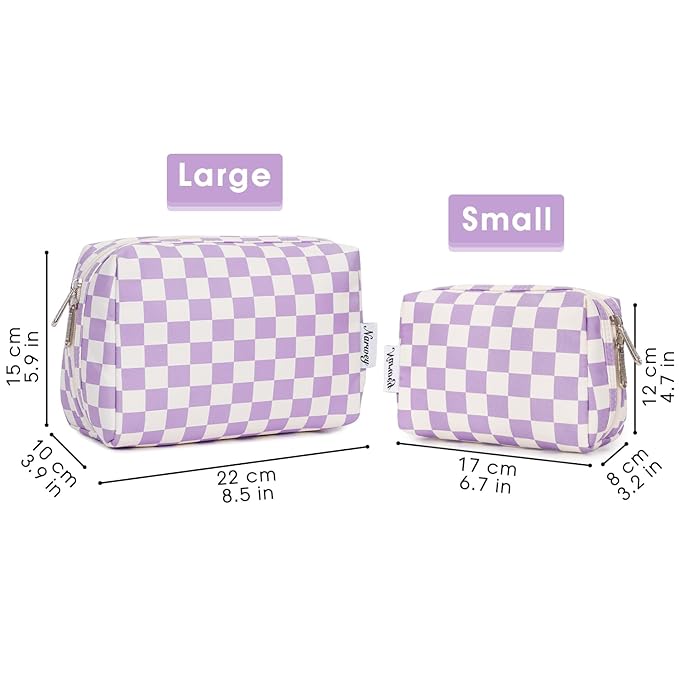 Narwey Checkered Makeup Bag Travel Cosmetic Bag Organizer Toiletry Bag Make Up Bags with Compartments for Women Girls (Large, Purple Checkerboard)