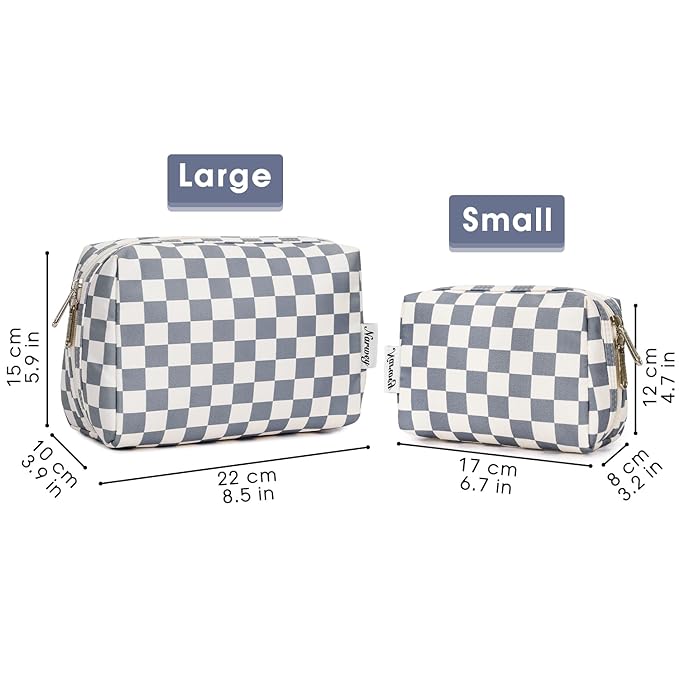 Narwey Checkered Makeup Bag Travel Cosmetic Bag Organizer Toiletry Bag Make Up Bags with Compartments for Women Girls (Large, Grayish Blue Checkerboard)