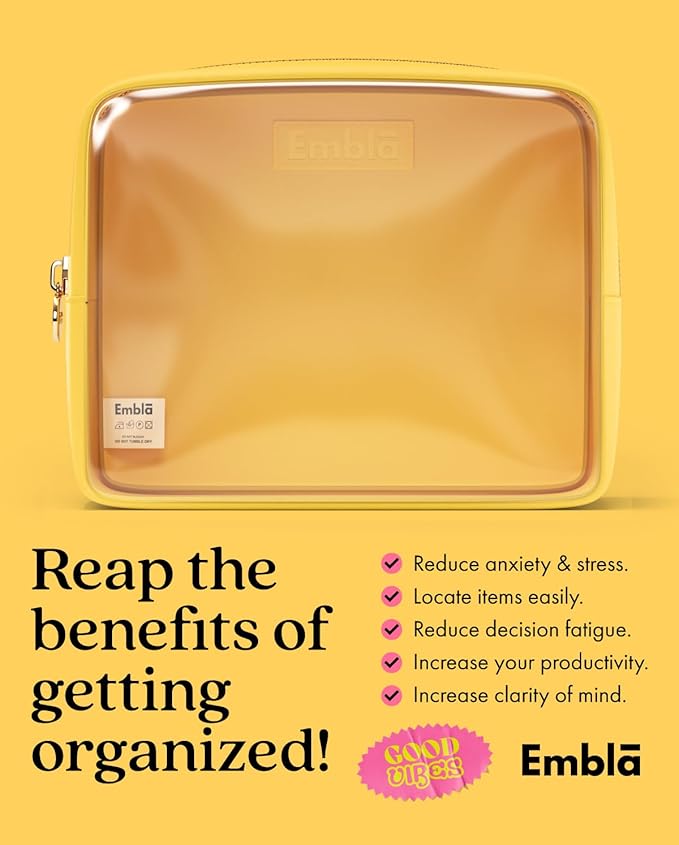 Embla Clear Cosmetic Bag Makeup Case, Clear Zipper Make Up Pouch and Toiletry Travel Tote, Cute Skincare Pouches for Women Girls, Preppy Purse Cosmetic Organizer, Large Makeup Bags, Lemon