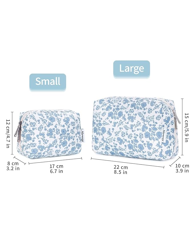 Narwey Small Cute Floral Makeup Bag for Purse Mini Cosmetic Bag Travel Makeup Pouch Zipper Pouch Cute Make up Bags with Compartments for Women Girls (Little Blue Flower, Small)