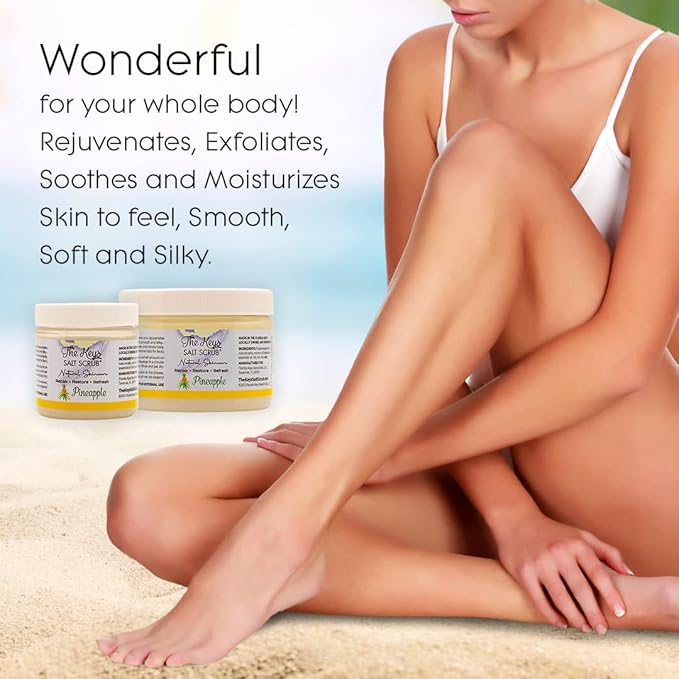 The Keys Salt Scrub - Exfoliating Body Scrub - scrub for hands, feet, butt, booty, bikini area, Made with Pure Florida Sea Salt Organic Essential Oils with Spoon(Pineapple, Travel Size, 3 pack 3.4 oz)