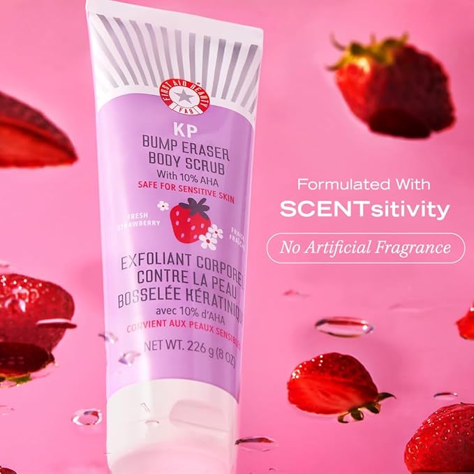 First Aid Beauty - KP Bump Eraser Body Scrub with 10% AHA, Keratosis Pilaris Exfoliator with Glycolic and Lactic acids, Helps Reduce Chicken Skin Bumps, Safe for Sensitive Skin, Strawberry Scent, 8 oz