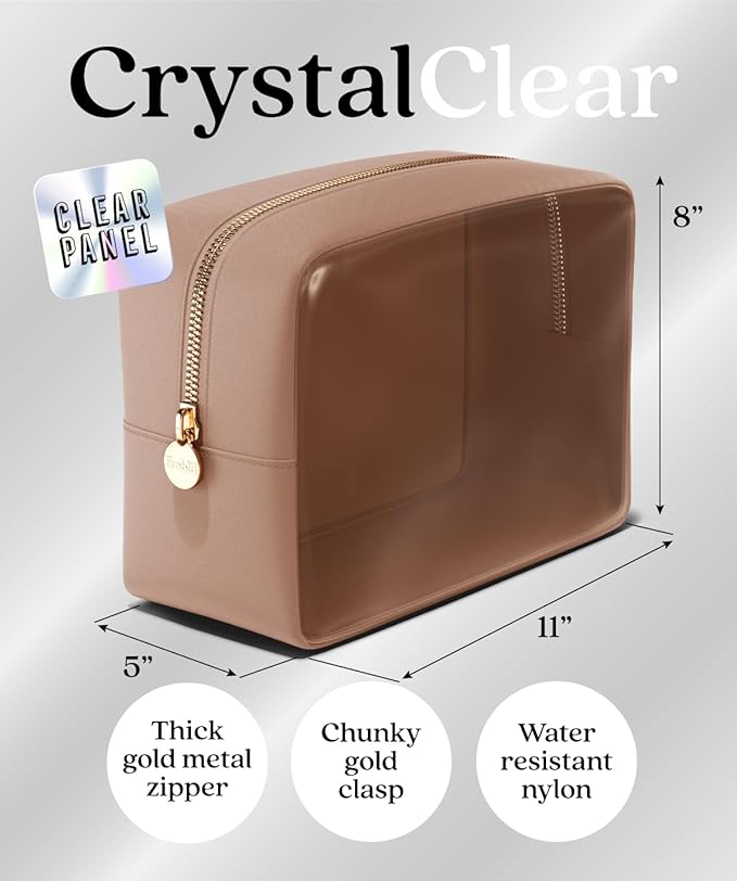 Embla Clear Cosmetic Bag Makeup Case, Clear Zipper Make Up Pouch and Toiletry Travel Tote, Cute Skincare Pouches for Women Girls, Preppy Purse Cosmetic Organizer, Large Makeup Bags, Mocha Mousse