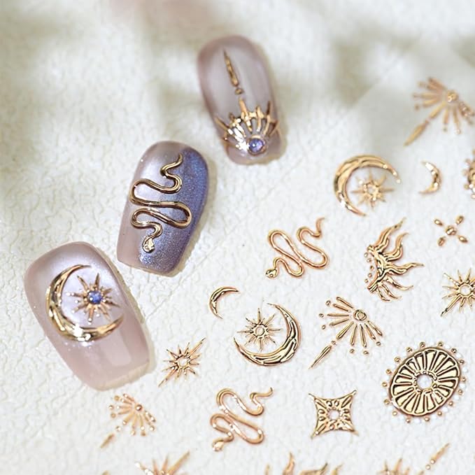 1 Sheets 5D Gold Star Nail Stickers for Nail Art Self Adhesive Embossed Moon Snake Nail Art Stickers Gold Star Moon Snake Design Nail Decals for Women Girl DIY Nail Decoration