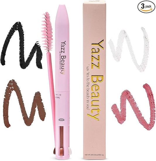 YazzBeauty - 4 in 1 Makeup Touch Up Pen with Berry Lip Liner, Black Eyeliner, Medium Brown Eyebrow Pencil, and White Shimmer Highlighter, Compact Beauty Pen, Smudge Proof, Vegan, Cruelty-Free