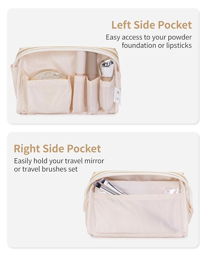Narwey Small Striped Makeup Bag for Purse Mini Cosmetic Bag Travel Makeup Pouch Zipper Pouch Cute Make up Bags with Compartments for Women Girls (Brown Stripe, Small)