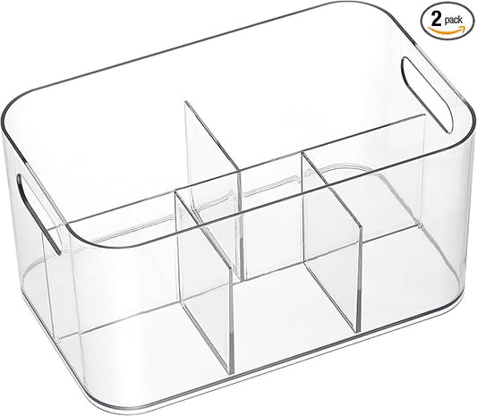 2 Pack, 5-Compartment Clear Plastic Bin - Divided Art Supplies, Cosmetic Makeup Caddy Organizer - Multiuse Storage Container for Vanity, Bathroom, Kitchen, Office, Craft, Shower, Cleaning Items