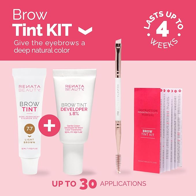 RB RENATA BEAUTY Brow Tint Kit – Eyebrow Tint Set – Dye Kit with Color Tint, Cream Developer and Styling Brush – Long-Lasting Effect Up to 4 Weeks – 30 Applications [Light Brown]