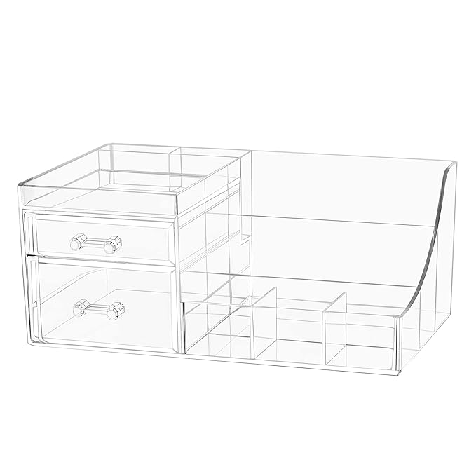 Cq acrylic 1 Pack Clear Skincare Organizer for Vanity,Stackable 2 Drawers Make Up Organizer,Cute Cosmetic Organizer for Vanity Jewelry,Hair Clip,Beauty,Skincare Product Dresser Acrylic Desk Organizer