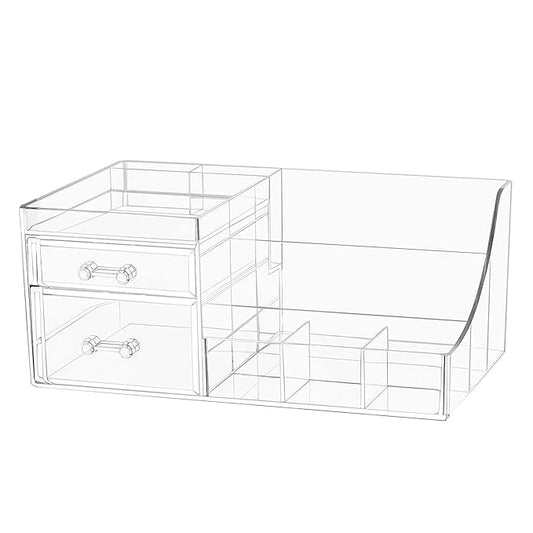 Cq acrylic 1 Pack Clear Skincare Organizer for Vanity,Stackable 2 Drawers Make Up Organizer,Cute Cosmetic Organizer for Vanity Jewelry,Hair Clip,Beauty,Skincare Product Dresser Acrylic Desk Organizer