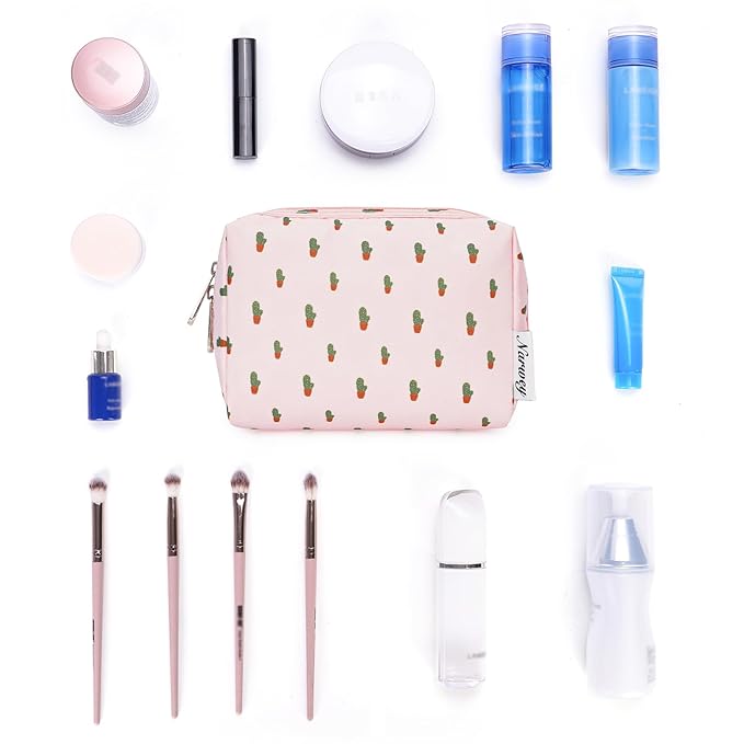 Narwey Small Makeup Bag for Purse Mini Cosmetic Bag Travel Makeup Pouch Zipper Pouch Cute Make up Bags with Compartments for Women Girls (Cactus, Small)