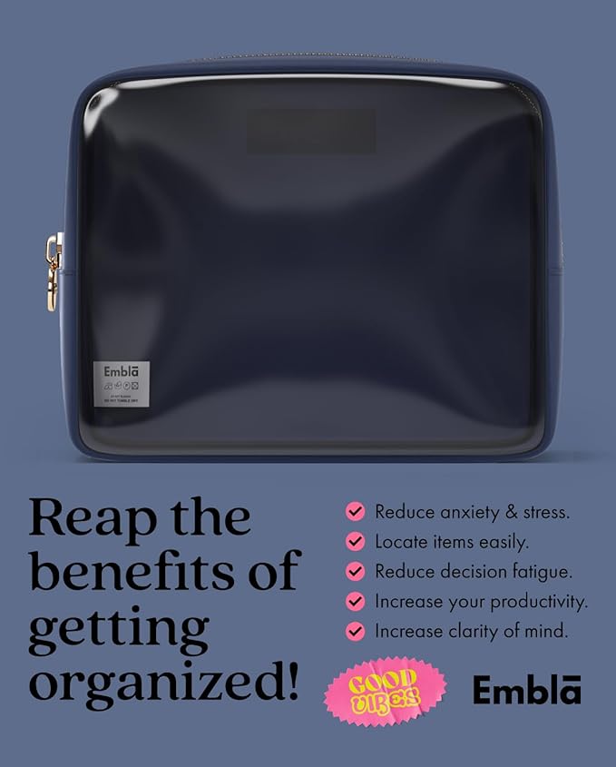 Embla Clear Cosmetic Bag Makeup Case, Clear Zipper Make Up Pouch and Toiletry Travel Tote, Cute Skincare Pouches for Women Girls, Preppy Purse Cosmetic Organizer, Large Makeup Bags, Sapphire