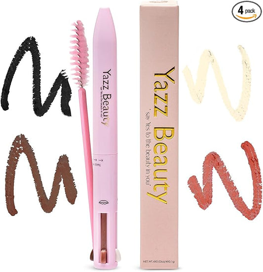 YazzBeauty - 4 in 1 Makeup Touch Up Pen with Brown Mauve Lip Liner, Black Eyeliner, Dark Brown Eyebrow Pencil, and Champagne Gold Highlighter, Compact Beauty Pen, Smudge Proof, Vegan, Cruelty-Free