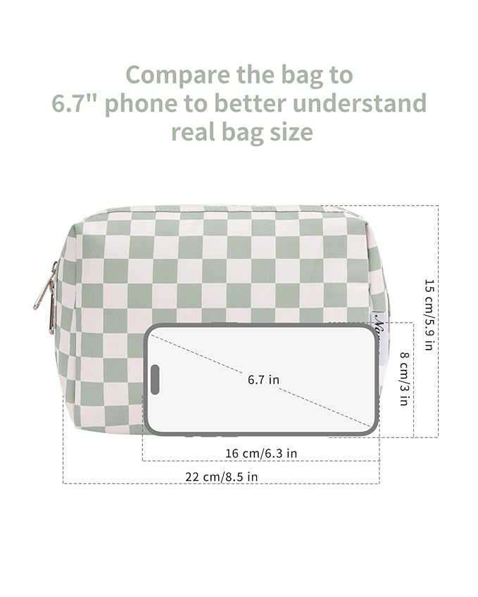 Narwey Checkered Makeup Bag Travel Cosmetic Bag Organizer Toiletry Bag Make Up Bags with Compartments for Women Girls (Large, Mint Green Checkerboard)