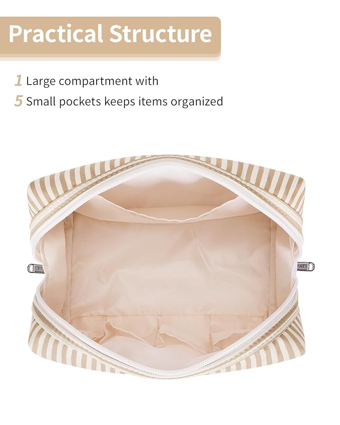 Narwey Striped Makeup Bag Travel Cosmetic Bag Organizer Toiletry Bag Make Up Bags with Compartments for Women Girls (Large,Brown Stripe)