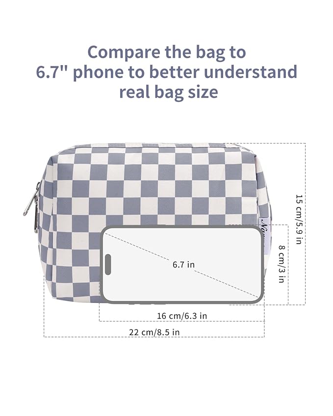 Narwey Checkered Makeup Bag Travel Cosmetic Bag Organizer Toiletry Bag Make Up Bags with Compartments for Women Girls (Large, Grayish Blue Checkerboard)