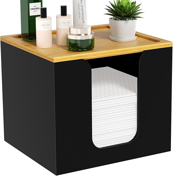 VITVITI Disposable Face Towel Holder Box, Acrylic Facial Towel Container for XL Clean Skin Club, Large Disposable Face Towel Storage with Bamboo Lid, for Bathroom, Vanity Makeup, Black