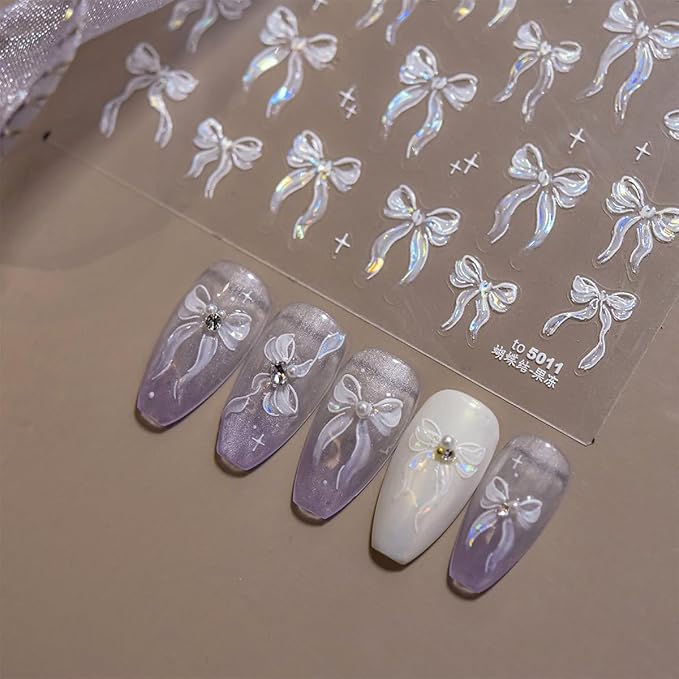 1 Sheets 5D Embossed Nail Stickers for Nail Art Self Adhesive White Bow Nail Art Stickers Cute Bows Nail Decals Bow Nail Design Supplies for Women Girl DIY Nail Decoration