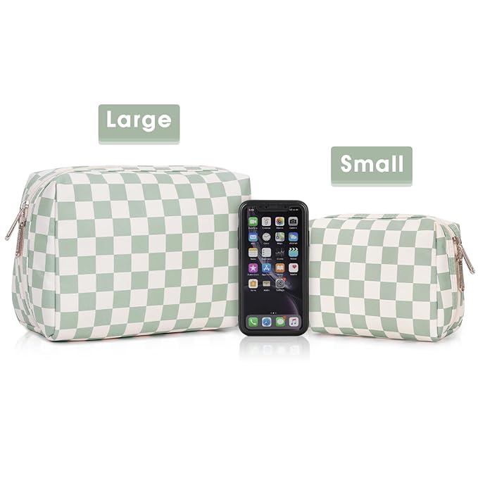 Narwey Checkered Makeup Bag Travel Cosmetic Bag Organizer Toiletry Bag Make Up Bags with Compartments for Women Girls (Large, Mint Green Checkerboard)