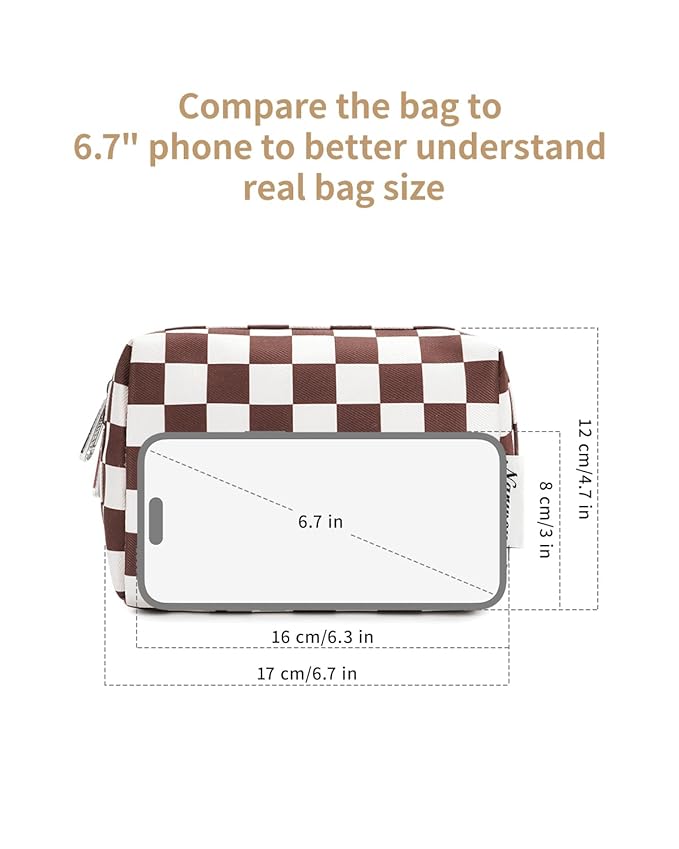 Narwey Small Checkered Makeup Bag for Purse Mini Cosmetic Bag Travel Makeup Pouch Zipper Pouch Cute Make up Bags with Compartments for Women Girls (Dark Checkerboard, Small)