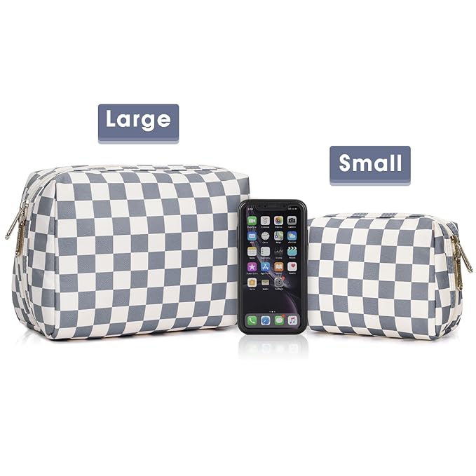 Narwey Checkered Makeup Bag Travel Cosmetic Bag Organizer Toiletry Bag Make Up Bags with Compartments for Women Girls (Large, Grayish Blue Checkerboard)