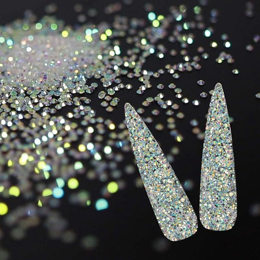 10000Pcs Tiny Rhinestones 1.2mm Clear AB Flatback Glass Pixie Crystals, Iridescent Gems Long Lasting Shine Small Sugar Beads Dust Charms for Nail Design DIY Crafts Accessories