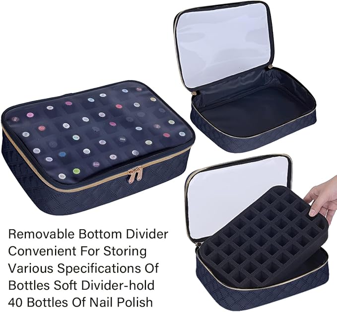 Nail Polish Bag organizer-Holds 40 bottles(15ml-0.5fl.oz)，Nail Polish Carrying Case Clear Multifunctional Cosmetic Travel Cases Makeup Bags Black