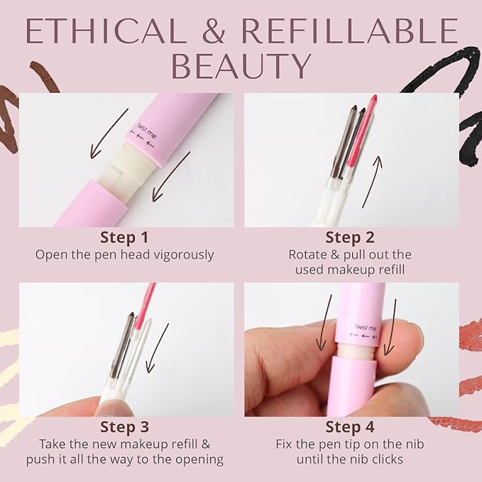 YazzBeauty - 4 in 1 Makeup Touch Up Pen with Brown Mauve Lip Liner, Black Eyeliner, Dark Brown Eyebrow Pencil, and Champagne Gold Highlighter, Compact Beauty Pen, Smudge Proof, Vegan, Cruelty-Free