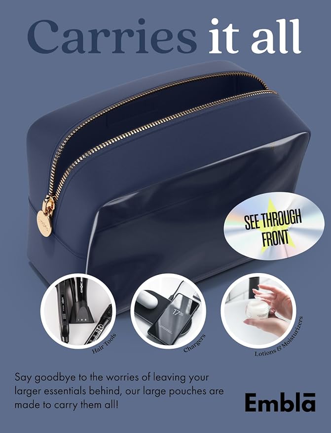 Embla Clear Cosmetic Bag Makeup Case, Clear Zipper Make Up Pouch and Toiletry Travel Tote, Cute Skincare Pouches for Women Girls, Preppy Purse Cosmetic Organizer, Large Makeup Bags, Sapphire