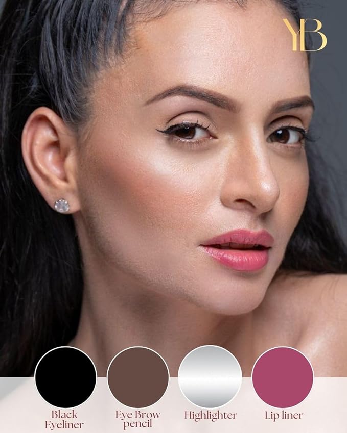 YazzBeauty - 4 in 1 Makeup Touch Up Pen with Berry Lip Liner, Black Eyeliner, Medium Brown Eyebrow Pencil, and White Shimmer Highlighter, Compact Beauty Pen, Smudge Proof, Vegan, Cruelty-Free