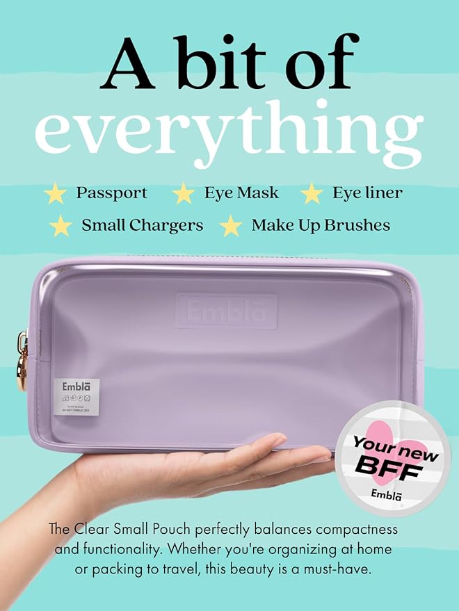Embla Clear Cosmetic Bag Makeup Case, Clear Zipper Make Up Pouch and Toiletry Travel Tote, Cute Skincare Pouches for Women Girls, Preppy Purse Cosmetic Organizer, Small Makeup Bags, Lilac