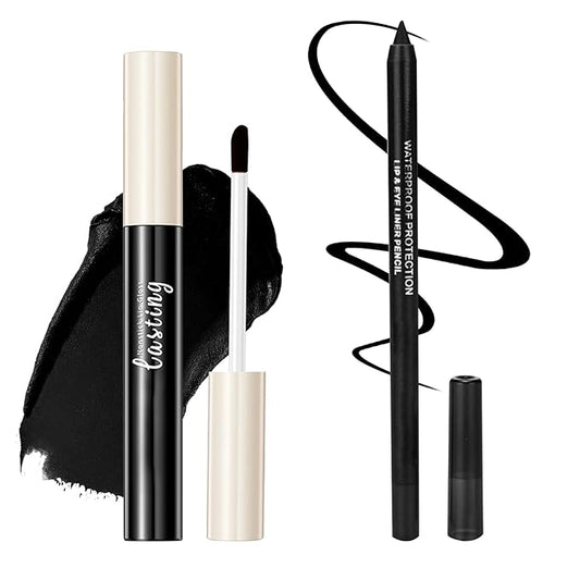 2PCS Matte Black Lip Liner and Lipstick Set, High Pigmented Liquid Lipstick, Long Lasting Waterproof Lipgloss Liner for Goth Christmas Halloween Cosplay Makeup