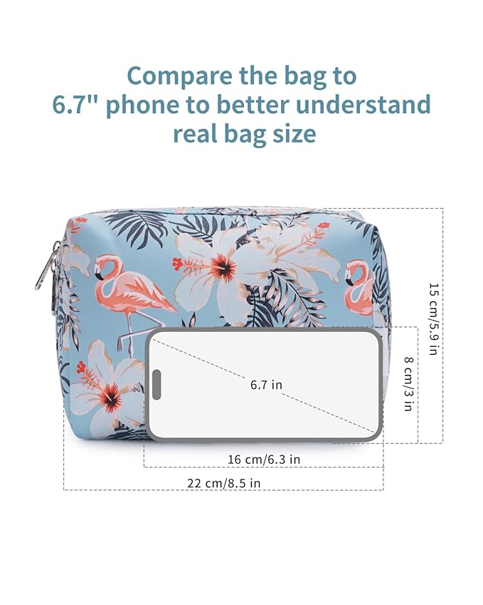 Narwey Cute Makeup Bag Travel Cosmetic Bag Organizer Toiletry Bag Make Up Bags with Compartments for Women Girls (Large, Aqua Flamingo)