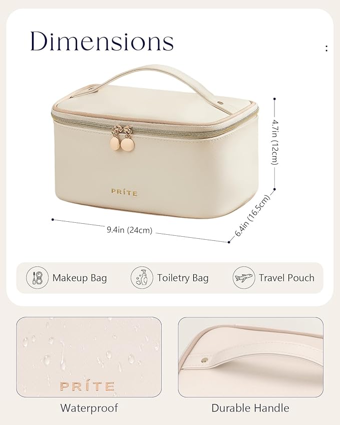 Prite Makeup Bag, Large Capacity Portable Travel Cosmetic Bag, Waterproof Makeup Organizer for Women with Handle and Divider(Beige)