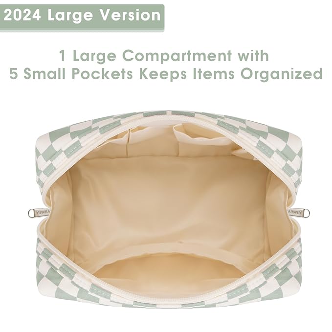 Narwey Checkered Makeup Bag Travel Cosmetic Bag Organizer Toiletry Bag Make Up Bags with Compartments for Women Girls (Large, Mint Green Checkerboard)