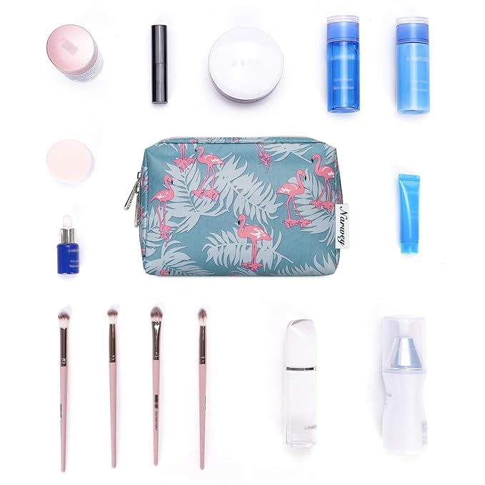 Narwey Small Makeup Bag for Purse Mini Cosmetic Bag Travel Makeup Pouch Zipper Pouch Cute Make up Bags with Compartments for Women Girls (Flamingo, Small)
