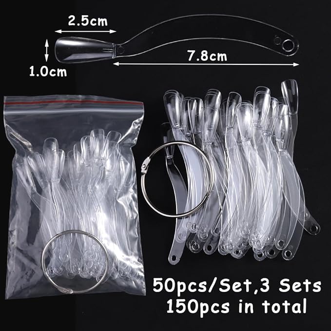 150 Pcs Nail Swatch Sticks with Ring, Clear Coffin Nail Tips for Nail Art Polish Practice Color Display, Acrylic False Nail Sample Sticks Nail tech Supplies for Home or Salon Use