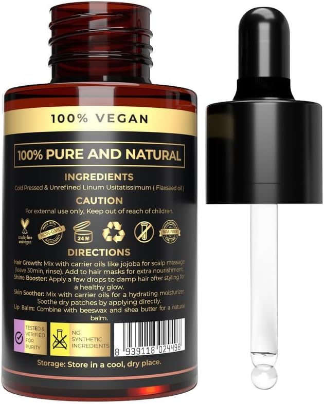 100% Plant Based Organic Flaxseed Oil for Hair and Skin Care - Aceite de Lino - Non-Greasy, Fast Absorbing Cold Pressed Flax Seed Oil (Linseed) for Aromatherapy and Massage | Natural Moisturizer