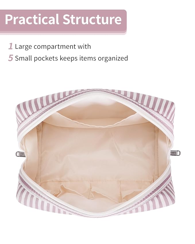 Narwey Striped Makeup Bag Travel Cosmetic Bag Organizer Toiletry Bag Make Up Bags with Compartments for Women Girls (Large, Dusty Rose Stripe)
