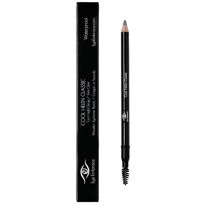 Eye Embrace Cool Helen Classic: Light Gray Wooden Eyebrow Pencil – Waterproof, Double-Ended Pencil with Sharpener & Spoolie Brush, Cruelty-Free